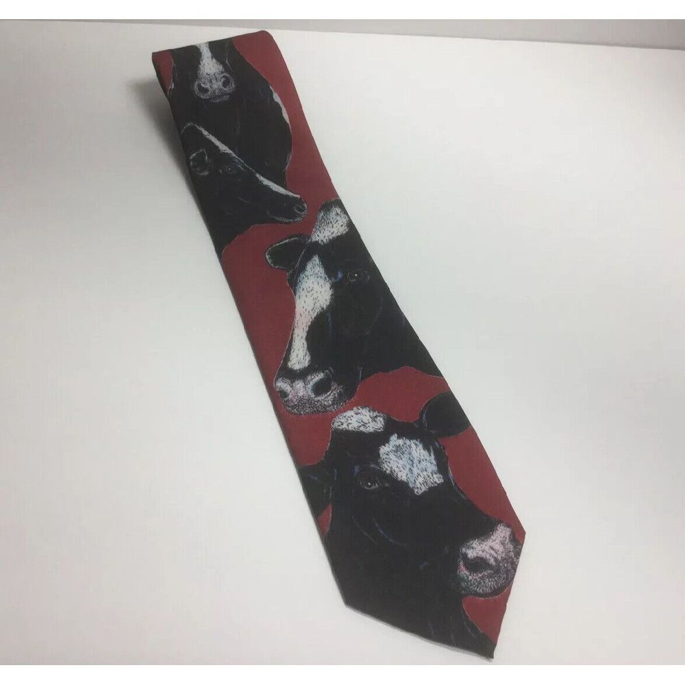 Ralph Marlin Cows Theme Mens‎ Neck Tie 1994 Burgundy Black White Holstein Print - Picture 2 of 7